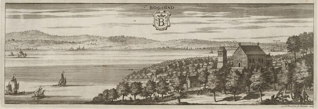 Bild på svartvit tavla över 1600-talets Bogesund.