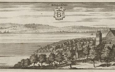 Bild på svartvit tavla över 1600-talets Bogesund.