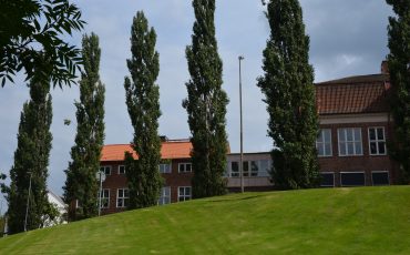 Stenbocksskolan med gräsytor och träd i förgrunden