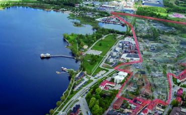 Planprogrammet för Bronäs, marknadsplatsen och entré Ulricehamn utmarkerat med röd linje.