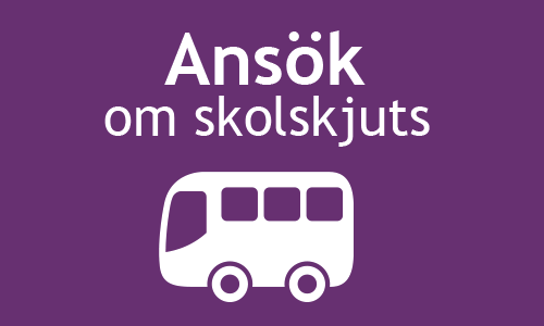 Vit buss på lila bakgrund med texten Ansök om skolskjuts