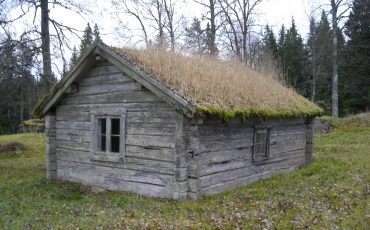 En liten torpstuga med gräs på taket placerad i en glänta