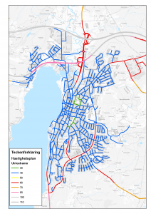 Karta över hastighetsgränser i Ulricehamns tätort