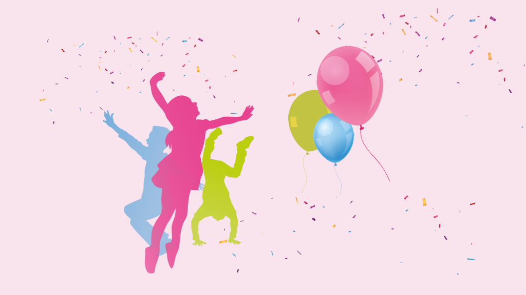 Illustrerad bild av siluetterna av tre glada barn som hoppar upp i luften. I luften flyger färgglad confetti och tre ballonger.