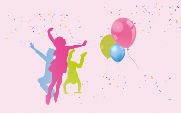 Illustrerad bild av siluetterna av tre glada barn som hoppar upp i luften. I luften flyger färgglad confetti och tre ballonger.