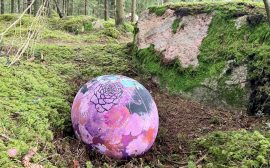 Stort lilamålat ägg ligger i skogen vid en stor sten.