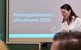 Kvinna presenterar företagsklimatet. I förgrunden ett par närbilder på huvuden.