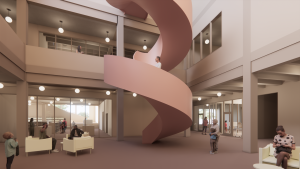 Skiss inne från Ulricehamns kulturhus. En spriraltrappa mitt i rummet går mellan två våningar. Till vänster står några vita fåtöljer och till höger om trappan skymtar biblioteket.