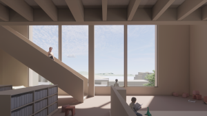Skiss inne från Ulricehamns kulturhus. En trappa till vänster, en bokfylla till vänster i förgrunden och längst bak fyra stora fönster från golv till tak