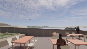 Skiss från terrassen i Ulricehamns kulturhus. Flera orange bord står på terrassen och bortanför terrass-staketet skymtar sjön.